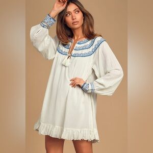 Free People Erin Ivory Embroidered Long Sleeve Mini Dress XS
